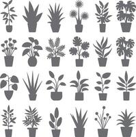 Collection of Twenty Four Gray Silhouette Houseplants in Pots Botanical Illustrations Various Leaf Shapes and Styles Simple Flat Design Home vector
