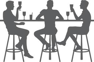 Three Gray Silhouettes of People Sitting at a Bar Counter Drinking from Glasses vector