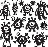 Collection of Twelve Black Silhouette Cartoon Monsters with One or Two Eyes Various Shapes and Sizes Funny and Playful Designs for Kids vector