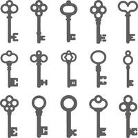 Collection of Fifteen Gray Key Silhouettes Various Antique Key Designs Simple Key Icons Set vector