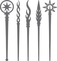 Five Gray Silhouette Wands with Unique Ornate Tops Star Flame Spiral Wheat Point Design Elements Isolated on White Background vector