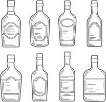 Eight Gray Silhouette Liquor Bottle Illustrations with Blank Labels Various Shapes and Sizes Hand Drawn Style Vintage Design Elements vector