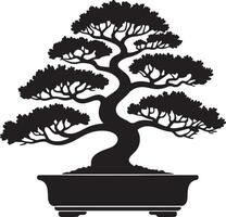 Black Silhouette Bonsai Tree in Rectangular Pot Detailed Branches and Foliage Minimalist Japanese Style Illustration vector
