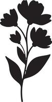 Black Silhouette of a Blooming Flower Plant with Several Petals and Leaves Simple Botanical Illustration Floral Design Element vector