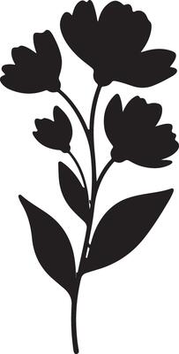 Black Silhouette of a Blooming Flower Plant with Several Petals and Leaves Simple Botanical Illustration Floral Design Element