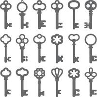 Collection of Gray Key Silhouettes Various Designs Antique Style Key Icons Set of Twenty Different Shaped Keys Illustration vector