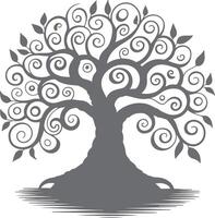 Grey Silhouette of a Stylized Tree with Swirling Branches and Leaves on White Background vector