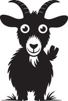 Black Silhouette of a Friendly Cartoon Goat Waving with Large Eyes and Horns Standing in Simple Grass vector