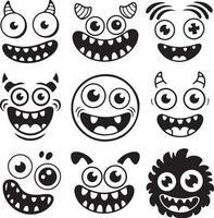 Nine playful black and white monster faces cartoon style illustrations featuring various expressions large eyes horns and textured fur vector