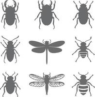 Nine Gray Insect Silhouettes Stag Beetle Dragonfly Bee Collection Nature Wildlife Graphic Design Elements vector