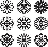 Nine Black and White Circular Floral and Geometric Designs Silhouette Style Graphics Set vector