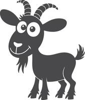A cheerful dark gray cartoon goat silhouette with large eyes and spiral horns stands on a white background a playful illustration of a happy vector