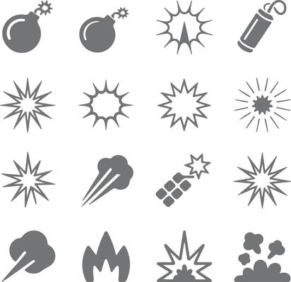Grey Silhouette Icons Explosions Bombs Fire Fireworks Smoke Burst Collection Graphic Design Elements