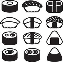 Twelve Black and White Silhouette Icons of Various Sushi Types Including Maki Nigiri and Onigiri vector