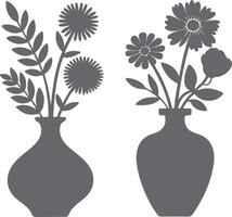 Two Gray Silhouette Flower Arrangements in Vases Simple Floral Design Gray Scale Botanical Illustration Home Decor Print vector