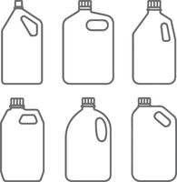 Six Gray Outline Silhouettes of Plastic Jug Containers Various Sizes and Shapes with Caps vector