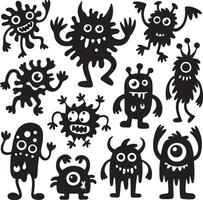 Collection of Twelve Playful Black Silhouette Monsters Various Shapes Sizes and Expressions Cartoon Style Cute Funny Characters for Kids Designs vector