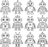 Twelve Gray Silhouette Robots Cartoon Style Illustrations Set Cute Friendly Characters Design Elements for Kids vector