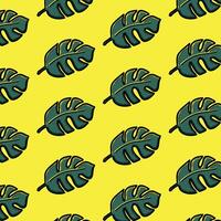 Seamlessly repeating tropical pattern featuring vibrant monstera leaves adorned on a bright yellow backdrop. vector