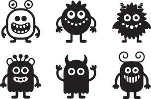 Six playful black silhouette monsters cartoon characters whimsical cute friendly happy smiling expressions various shapes sizes white background vector