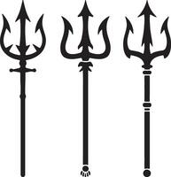 Three Black Silhouette Trident Designs Isolated on White Background Different Styles of Three Pronged Spears Mythological Weapon Graphic vector
