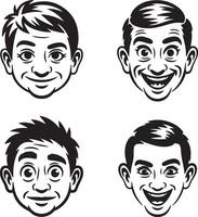 Four Black and White Male Silhouette Heads Displaying Different Expressions Joyful Surprised and Neutral Faces Simple Line Art Style vector