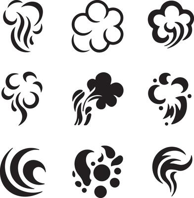 Nine Abstract Black Silhouette Smoke Cloud Burst Designs Illustrations Set explosion