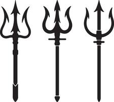 Three Black Silhouette Trident Designs Isolated on White Background Different Styles of Three Pronged Spears Mythological Weapon Illustration vector
