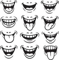 Twelve Cartoon Mouths Showing Various Expressions Including Wide Open Smiles and Tongues Sticking Out Black and White Silhouette Illustrations vector