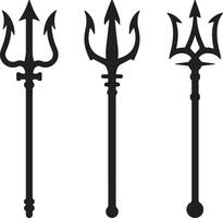 Three Black Silhouette Trident Designs Isolated on White Background Different Styles of Neptune Poseidon Greek Mythology Symbol Illustration vector