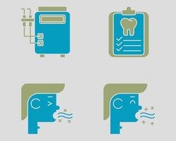 Dental icon set. Containing Suction defice, Dental cheklist, halitosis, good breath. Solid dual color icon style vector