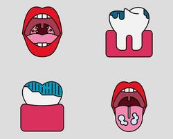 Dental icon set. Containing Tonsillitis, cavity, darkened tooth, thrush. filled outline icon style. vector