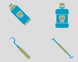 Dental icon set. Containing tooth paste, mouth wash, sickle probe, scaler. Solid dual color icon style vector