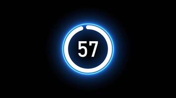Real time 60 seconds countdown clock neon animation isolated on black background video