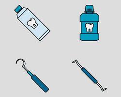 Dental icon set. Containing tooth paste, mouth wash, sickle probe, scaler. filled outline icon style. vector