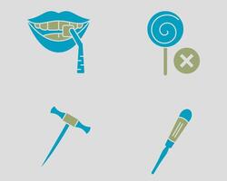 Dental icon set. Containing Veener, no candy, Cryer elevator, dental bein root elevator. Solid dual color icon style vector