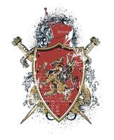Red Sword Shield Warrior Graphic Tee Design Vintage Battle Illustration for Print vector