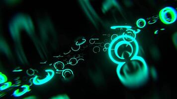 Dark Space with Levitating Metal Spheres and Turquoise Neon Rings Background VJ Loop in 4K video