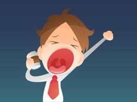 Sleepy cartoon businessman yawning at work despite coffee overload. vector