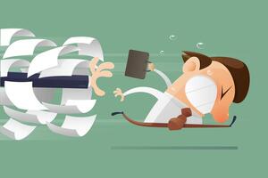 Illustration of office worker fleeing unpaid overtime chase. vector
