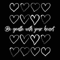Doddle hearts pattern with inspirational quotes - Be gentle with your heart typography on black background for graphic tee. apparel, print, posters, stickers vector