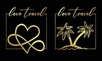 Elegant gold love travel logo set with heart and palm trees in gold foil color on black background for t-shirt print. apparel, stickers, sublimation vector