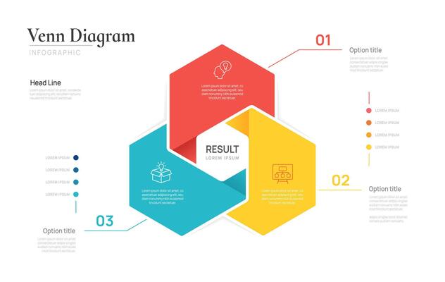 Venn diagram business infographic circle chart template 3 options steps, presentation with venn diagram elements.