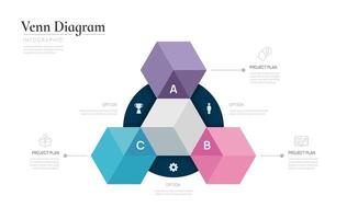 Venn diagram business infographic circle chart template 3 steps options, presentation with venn diagram. vector