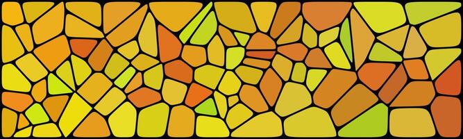 Abstract mosaic pattern with irregular polygon shapes in warm shades of yellow, orange, and green on a black background. vector