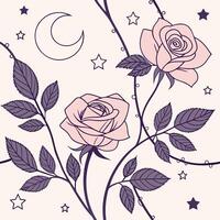 Whimsical celestial rose garden featuring a crescent moon and twinkling stars in a soft pastel palette vector