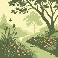 A serene garden path winds through lush greenery and blooming flowers under the shade of a large majestic tree vector