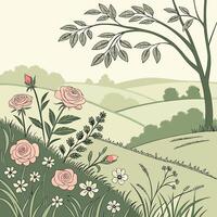 A charming illustration of a serene landscape featuring rolling hills a large tree and a vibrant meadow filled with blooming roses and wildflowers vector