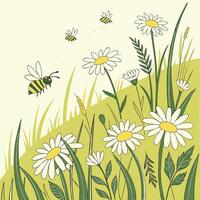 Charming illustration of busy bees buzzing around a field of white daisies and lush green grass on a sunny day vector