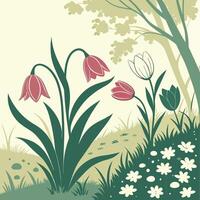 A stylized illustration of a serene spring meadow featuring blooming tulips and delicate wildflowers beneath a large tree vector